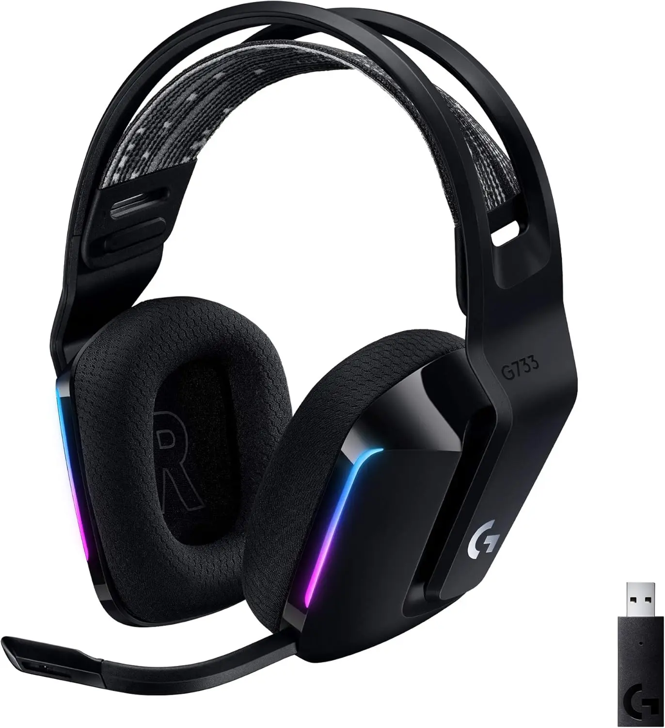 هدست بازی بی سیم Logitech G733 Lightspeed ، پیشانی تعلیق ، LightSync RGB ، Blue Vo! CE Mic ، Pro-G Audio-Black ، Headse Gaming بی سیم ، PC ، PS5 ، PS4 ، Switch سازگار